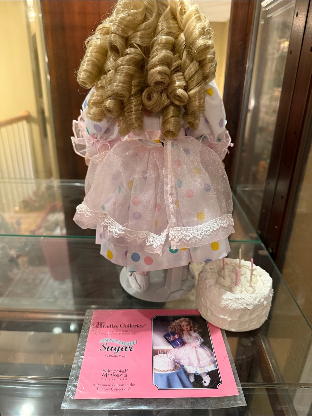 Vintage sweet little sugar porcelain Doll in Pink Polka Dot Dress - Picture 3 of 3